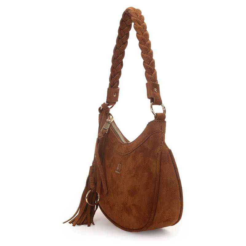 Bolsa WJ caramelo vista lateral com zíper dourado e alça trançada